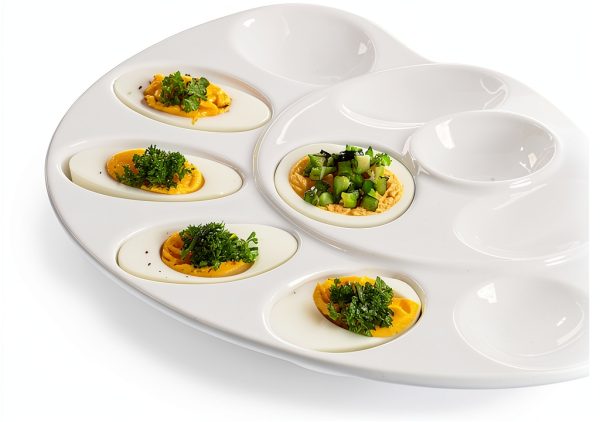 ONEMORE Deviled Egg Platter Tray Ceramic Egg Holder Round Egg Dish Plate 17-Cup Egg Container for Party Display - Microwave & Freezer Safe - 11.5 inch, White-4