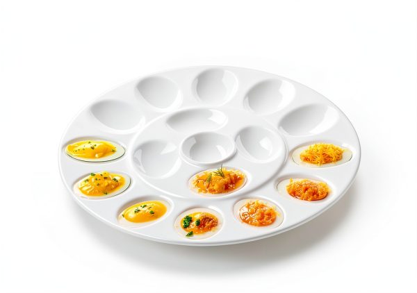 ONEMORE Deviled Egg Platter Tray Ceramic Egg Holder Round Egg Dish Plate 17-Cup Egg Container for Party Display - Microwave & Freezer Safe - 11.5 inch, White-2