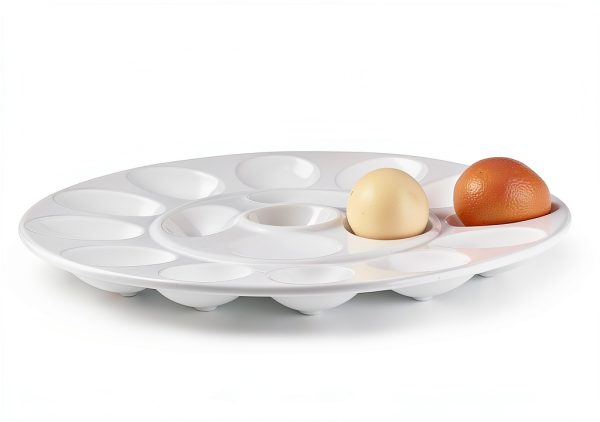ONEMORE Deviled Egg Platter Tray Ceramic Egg Holder Round Egg Dish Plate 17-Cup Egg Container for Party Display - Microwave & Freezer Safe - 11.5 inch, White-5