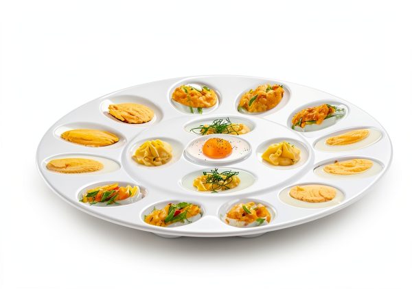 ONEMORE Deviled Egg Platter Tray Ceramic Egg Holder Round Egg Dish Plate 17-Cup Egg Container for Party Display - Microwave & Freezer Safe - 11.5 inch, White-6
