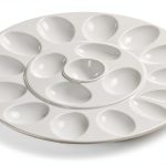 ONEMORE Deviled Egg Platter Tray Ceramic Egg Holder Round Egg Dish Plate 17-Cup Egg Container for Party Display - Microwave & Freezer Safe - 11.5 inch, White-0
