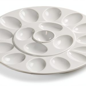 ONEMORE Deviled Egg Platter Tray Ceramic Egg Holder Round Egg Dish Plate 17-Cup Egg Container for Party Display - Microwave & Freezer Safe - 11.5 inch, White-0