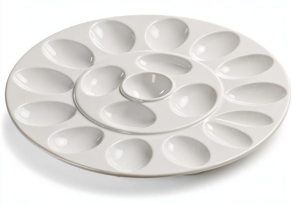 ONEMORE Deviled Egg Platter Tray Ceramic Egg Holder Round Egg Dish Plate 17-Cup Egg Container for Party Display - Microwave & Freezer Safe - 11.5 inch, White-0