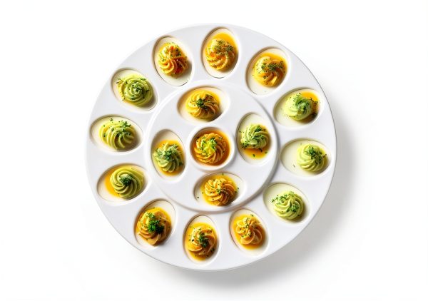 ONEMORE Deviled Egg Platter Tray Ceramic Egg Holder Round Egg Dish Plate 17-Cup Egg Container for Party Display - Microwave & Freezer Safe - 11.5 inch, White-3
